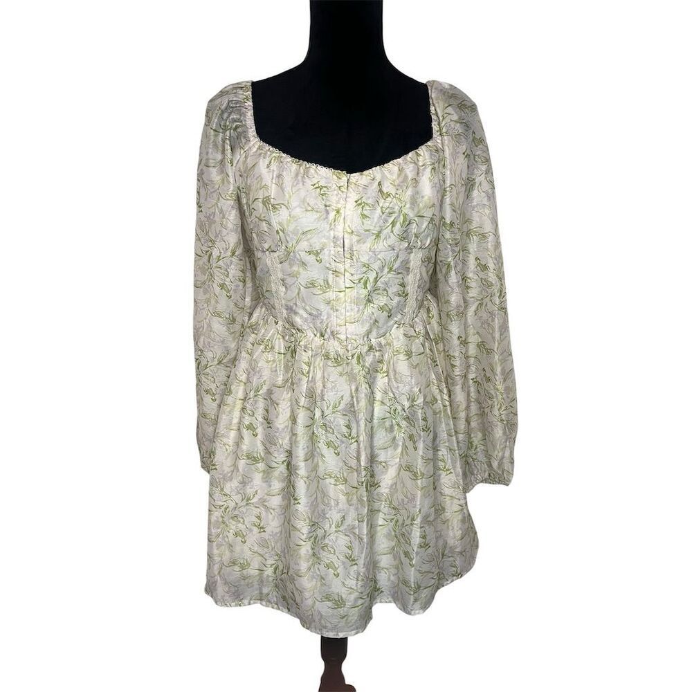 NWT LUSH FLORAL PRARIE COTTAGE CORE PUFF SLEEVE CREAM MINI‎ DRESS WOMENS SIZE M